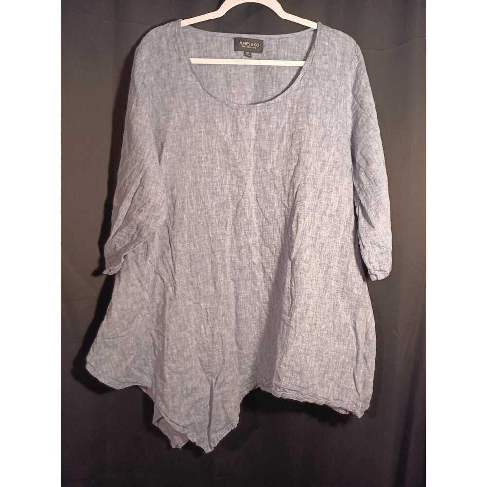 NC Jones New York 1X Blue Linen Blend Asymmetrical Hem 3/4 Sleeve Dress Top
